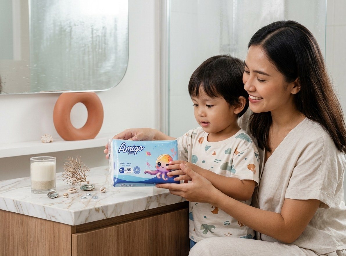 Mother and child holding Amigo facial tissue